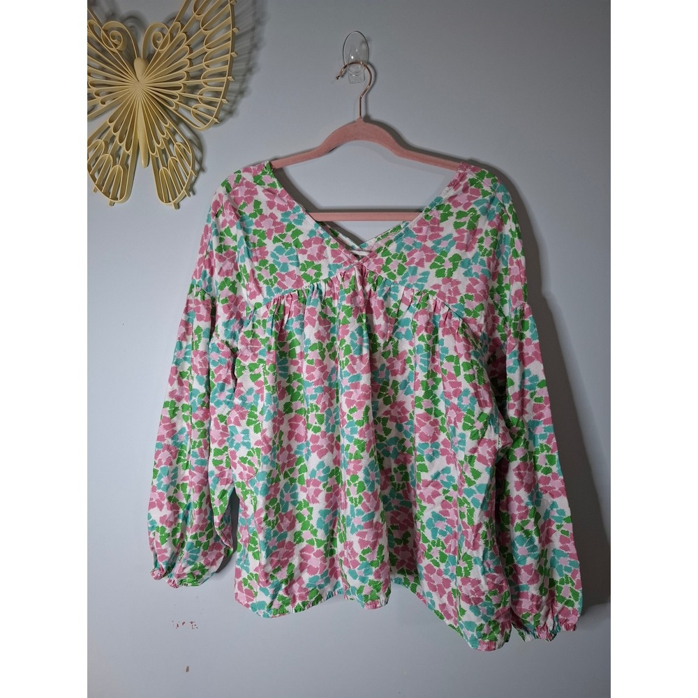 Michelle McDowell Floral Babydoll Blouse Pink Green V-Neck Long Sleeve Top
